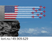 American renewal and US economic revival concept as a broken brick wall with jet airplanes completing the USA flag with air show aerobatics smoke trails as an economic confidence for future economy and financial success with 3D illustration elements. Стоковое фото, агентство Ingram Publishing / Фотобанк Лори