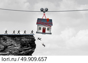 Real estate trap and housing danger or the risk of owning a home concept as people being lead off a cliff by a family house as a symbol for residential financial debt or renovation money pit with 3D illustration elements. Стоковое фото, агентство Ingram Publishing / Фотобанк Лори