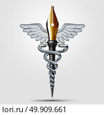 Medical writing and medicine publication as a caduceus with a pen and nib as a health care symbol for research reporting or doctor prescription filing as a 3D illustration. Стоковое фото, агентство Ingram Publishing / Фотобанк Лори