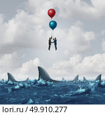 Business meeting risk as two businessmen overcome the dangerous sharks in the water by using balloons to rise above the obstacle as a corporate metaphor for finding partnership solutions with 3D illustration elements. Стоковое фото, агентство Ingram Publishing / Фотобанк Лори