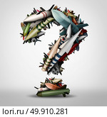 Nuclear arms questions as a group of ballistic nuke bombs shaped as a question mark as military issues related to defense offense and world safety from atomic proliferation or rogue nation threat as a 3D illustration. Стоковое фото, агентство Ingram Publishing / Фотобанк Лори