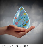 Infected water and waterborne disease risk as a human hand holding a drop of contaminated dirty drinking or washing liqiuid with bacteria viruses as a hygiene concept 3D illustration elements. Стоковое фото, агентство Ingram Publishing / Фотобанк Лори