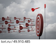 Business niche market and specializing in a smaller opportunity as an individual dart going a different way as a metaphor for strategic planning as a 3D illustration. Стоковое фото, агентство Ingram Publishing / Фотобанк Лори