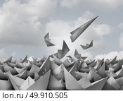 Innovation and opportunity concept as a paper airplane breaking out from a group of origami boats as a business success metaphor for change and evolution in strategy to succeed in a 3D illustration style. Стоковое фото, агентство Ingram Publishing / Фотобанк Лори