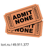 censorship and movie ban admit none entertainment restriction concept as theatre or theater tickets isolated on a white background as a 3D illustration. Стоковое фото, агентство Ingram Publishing / Фотобанк Лори