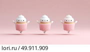 Three adorable cartoon cupcakes with smiling faces on pink background. Стоковое AI-изображение, AI-художник Мария Фадеева / Фотобанк Лори