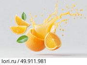 Dynamic splash of fresh orange juice with sliced citrus and leaves on white background. Стоковое AI-изображение, AI-художник Мария Фадеева / Фотобанк Лори