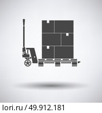 Hand hydraulic pallet truc with boxes icon on gray background, round shadow. Vector illustration. Стоковая иллюстрация, агентство Ingram Publishing / Фотобанк Лори