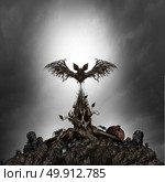 Scary tree monster concept as a creepy dark night horror scene with a living mutant plant shaped as an evil skull and haunted ghost bat as a surreal halloween background with 3D illustration elements. Стоковое фото, агентство Ingram Publishing / Фотобанк Лори