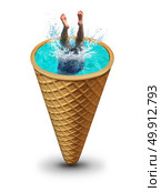 Summer pool fun as a person diving into refreshing water making a splash inside an ice cream cone as a surrealistic symbol for hot season activities and party lifestyle on vacation with 3D illustration elements. Стоковое фото, агентство Ingram Publishing / Фотобанк Лори