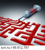 Navigating the health care maze or healthcare challenge as a syringe with red blood liquid shaped as a labyrinth representing difficulty and confusion in the medical field system as a 3D illustration. Стоковое фото, агентство Ingram Publishing / Фотобанк Лори