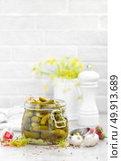 Pickled cucumbers, small marinated pickles, gherkins. Стоковое фото, агентство Ingram Publishing / Фотобанк Лори