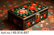 Exquisite ornate black lacquered box with colorful floral designs and gold detailing on elegant fabric background. Стоковое AI-изображение, AI-художник Андрей Бакусов / Фотобанк Лори