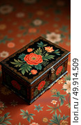 Ornate black lacquered box with intricate floral designs and gold detailing against richly patterned fabric background. Стоковое AI-изображение, AI-художник Андрей Бакусов / Фотобанк Лори