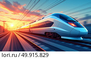 Dynamic digital illustration of a highspeed train in motion against a vibrant sunset background showcasing modern design and innovation. Стоковое AI-изображение, AI-художник Андрей Бакусов / Фотобанк Лори