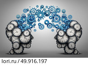 Business time planning partnership as two people heads made of clock cog and gear objects linked together as an organizing a meeting and schedule symbol as a 3D illustration. Стоковое фото, агентство Ingram Publishing / Фотобанк Лори