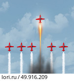 Concept of excellence as an empowerment or empower symbol as a group of jet planes racing with one innovator with a faster optimized engine achieving success with 3D illustration elements. Стоковое фото, агентство Ingram Publishing / Фотобанк Лори