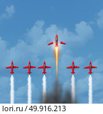 Business winner concept as a group of airplanes with air smoke trail with an individual plane transforming into a rocket blasting ahead of the competition as an up your game icon with 3D illustration elements. Стоковое фото, агентство Ingram Publishing / Фотобанк Лори
