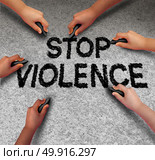 Stop violence concept and prevent an assault as a group of children hands drawing criminal violent aggression text on pavement in a 3D illustration symbol. Стоковое фото, агентство Ingram Publishing / Фотобанк Лори