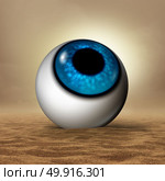 Dry eye disease medical concept as a human eyeball in an arid desert as an opthalmology or optometry symbol for vision organ symptoms of dryness and hudration therapy with 3D illustration elements. Стоковое фото, агентство Ingram Publishing / Фотобанк Лори