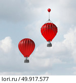 Concept of advantage and competitive edge as two hot air balloons racing to the top but a leader with a small balloon attached giving the winning competitor an extra boost to win the competition with 3D illustration elements. Стоковое фото, агентство Ingram Publishing / Фотобанк Лори