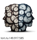 Thinking time meeting concept as a group of clock objects shaped as two human heads as a business punctuality and appointment cooperation metaphor or deadline pressure team and overtime collaboration icon as a 3D illustration. Стоковое фото, агентство Ingram Publishing / Фотобанк Лори