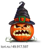 Pumpkin wearing a witch hat as an oprange monster with a scary character on a white background as an autumn concept and symbol for a creepy advertisement and halloween marketing with 3D illustration elements. Стоковое фото, агентство Ingram Publishing / Фотобанк Лори