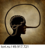 Brain of a liar and academic dishonesty or false perception psychological concept as a person with a long lies symbol nose in a 3D illustration style. Стоковое фото, агентство Ingram Publishing / Фотобанк Лори