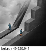 Gender discrimination and sexism inequality for being female concept as a woman with the burden of climbing a difficult obstacle and a man with easy path stairs as a 3D illustration symbol as a symbol for unfair gender bias. Стоковое фото, агентство Ingram Publishing / Фотобанк Лори
