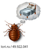 Bed bug dreaming or nightmare and bedbug worry concept as a parasitic insect pest imagining in a dream bubble a pillow and sheets as a symbol and metaphor for sleeping health and hygiene in a 3D illustration style. Стоковое фото, агентство Ingram Publishing / Фотобанк Лори