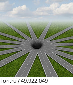 Pit hole or pithole unavoidable road of life concept and choices or strategies symbol represented by a network of roads and highways merging to a center crater or gap showing all options and paths available lead to a challenge as a 3D render. Стоковое фото, агентство Ingram Publishing / Фотобанк Лори