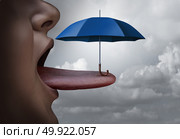 Mouth protection or bad breath treatment oral health symbol and avoid toxin in food or toxic ingredient or allergy and allergies risk concept as an open mouth oral or dentist care with an umbrella on a tongue. Стоковое фото, агентство Ingram Publishing / Фотобанк Лори