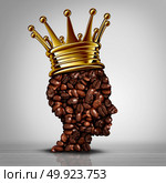 Best coffee concept as a king symbol with roasted beans shaped as a cafe barista wearing a gold crown as an icon for the best espresso or coffees with 3D elements. Стоковое фото, агентство Ingram Publishing / Фотобанк Лори