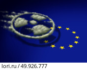 Radioactive cloud over europe as a gas shaped as a radiation icon drifting over a symbol of the european union in a 3D illustration style. Стоковое фото, агентство Ingram Publishing / Фотобанк Лори