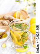 Flavored herbal tea with fresh lemon, ginger and mint leaves on white background, closeup. Стоковое фото, агентство Ingram Publishing / Фотобанк Лори