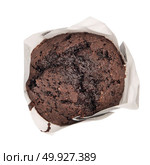 Closeup of a Magdalena Typical Spanish Chocolate Muffin. Sweet Food or Dessert. One Fresh Baked Muffin Isolated on White Background in American Style. Irresistible Tasty Cake. Стоковое фото, агентство Ingram Publishing / Фотобанк Лори