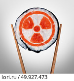 Radioactive food and contaminated meal with radioactivity as a piece of sushi held by chopsticks as a metaphor for nuclear threat in asia with 3D illustration elements. Стоковое фото, агентство Ingram Publishing / Фотобанк Лори
