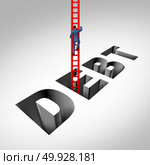 Getting out of debt and escaping financial problems as a person climbing with a ladder from bankruptcy and budget stress with 3D illustration elements. . Стоковое фото, агентство Ingram Publishing / Фотобанк Лори