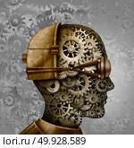 Steampunk and steam punk antique machine technology intelligence design as a retro gear cyberpunk and machine cog head design as science fiction fantasy art as a 3D illustration. Стоковое фото, агентство Ingram Publishing / Фотобанк Лори