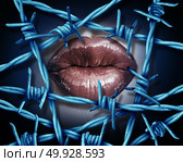 Woman discrimination concept as a female prisoner behind barbed wire as a sexual harassment or violent abuse symbol in a 3D illustration style. Стоковое фото, агентство Ingram Publishing / Фотобанк Лори