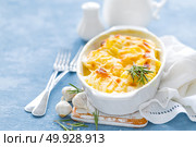 Baked potato gratin with garlic, cream and cheese, traditional french cuisine. White background. Стоковое фото, агентство Ingram Publishing / Фотобанк Лори