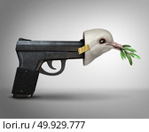 Pretending to be nice concept as a gun wearing a peace dove mask as a metaphor for a danger masquarading as peaceful with 3D illustration elements. Стоковое фото, агентство Ingram Publishing / Фотобанк Лори