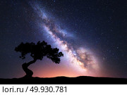 Milky Way with alone crooked tree on the hill. Colorful night landscape with bright milky way, starry sky and hills in summer. Space background. Amazing astrophotography. Beautiful universe. Travel. Стоковое фото, агентство Ingram Publishing / Фотобанк Лори