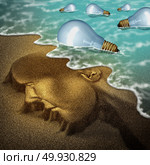 Concept of idea and imagination as a a beach shaped as a human head with light bulbs arriving to shore as a creativity of the mind symbol with 3D illustration elements. Стоковое фото, агентство Ingram Publishing / Фотобанк Лори