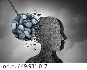 Opioid epidemic health danger and medical crisis with a prescription painkiller addiction concept as a group of pills devastating a patient with 3D illustration elements. Стоковое фото, агентство Ingram Publishing / Фотобанк Лори