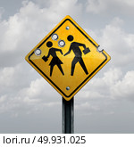 School gun violence concept as a shooting tragedy and horrific gunfire towards a student sign with bullet holes for a tragic violent event with 3D illustration elements. Стоковое фото, агентство Ingram Publishing / Фотобанк Лори