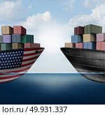 American trade war tariffs in the United states as two opposing cargo ships as an economic  taxation dispute over import and exports concept as a 3D illustration. Стоковое фото, агентство Ingram Publishing / Фотобанк Лори