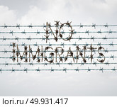 Immigration ban and refugee banned by government policy as extreme vetting of newcomers as a barbed wire fence shaped as text in a 3D illustration style. Стоковое фото, агентство Ingram Publishing / Фотобанк Лори