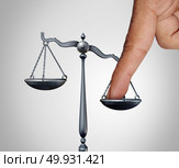 Tip the scales of justice concept as a the finger of a person illegaly influencing the legal system for an unfair advantage with 3D illustration elements. Стоковое фото, агентство Ingram Publishing / Фотобанк Лори