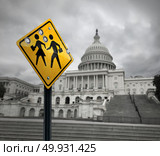 School shooting government issue symbol and tragic gunfire towards students as a sad sign with bullet holes with washington congress in the United States with 3D illustration elements. Стоковое фото, агентство Ingram Publishing / Фотобанк Лори